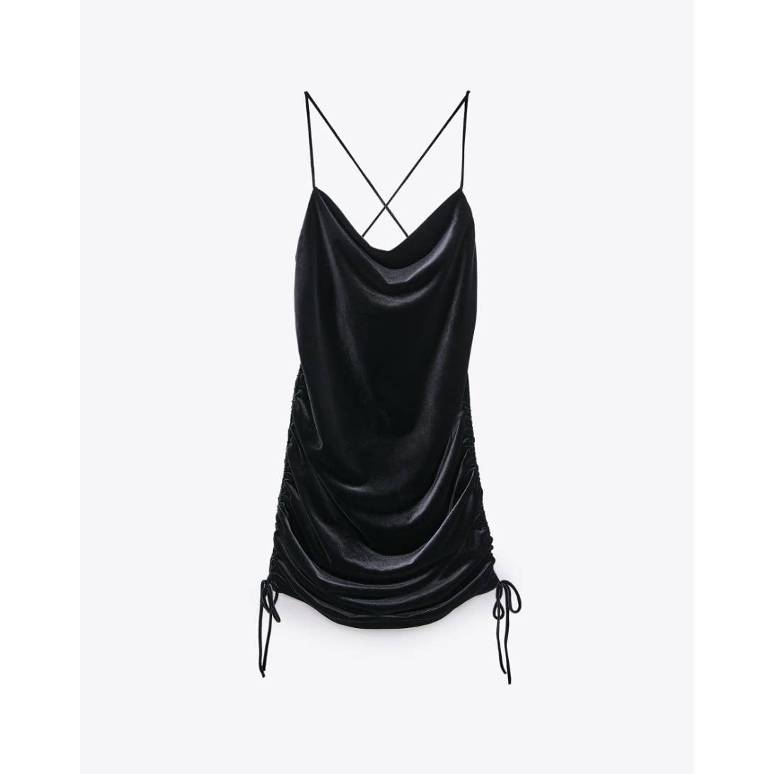 Zara Black Velvet Ruched Draped Mini Dress Size Small